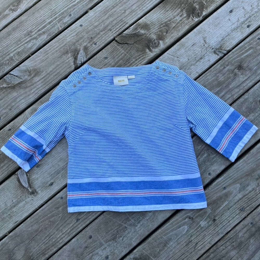 Anthropologie Maeve Women’s Striped  Blue Boxy 3/4 sleeve blouse top XXS